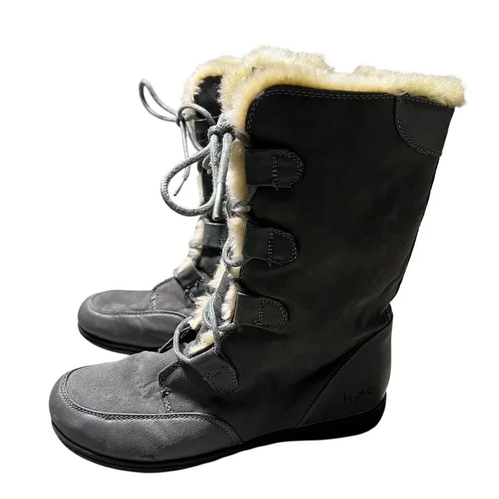 BOC Youth Size 4 Lace Leather Boots Grey Zip‎ Lace Up Faux Fur Snow Winter
